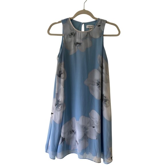 Calvin Klein Womens Sheer Floral Sleeveless Mini Dress Size 6P Blue & White - Picture 3 of 10